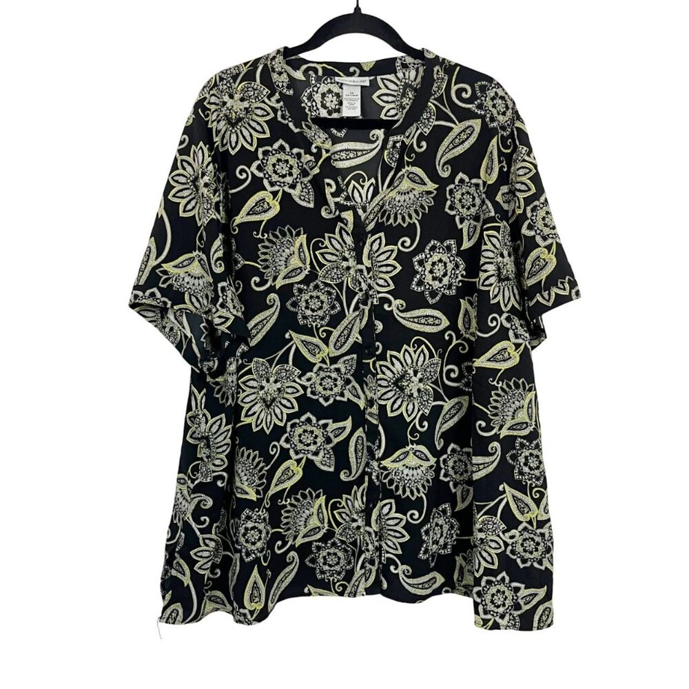 Catherines Black & Green Floral Paisley Print Short Sleeve Blouse - Size‎ 3X
